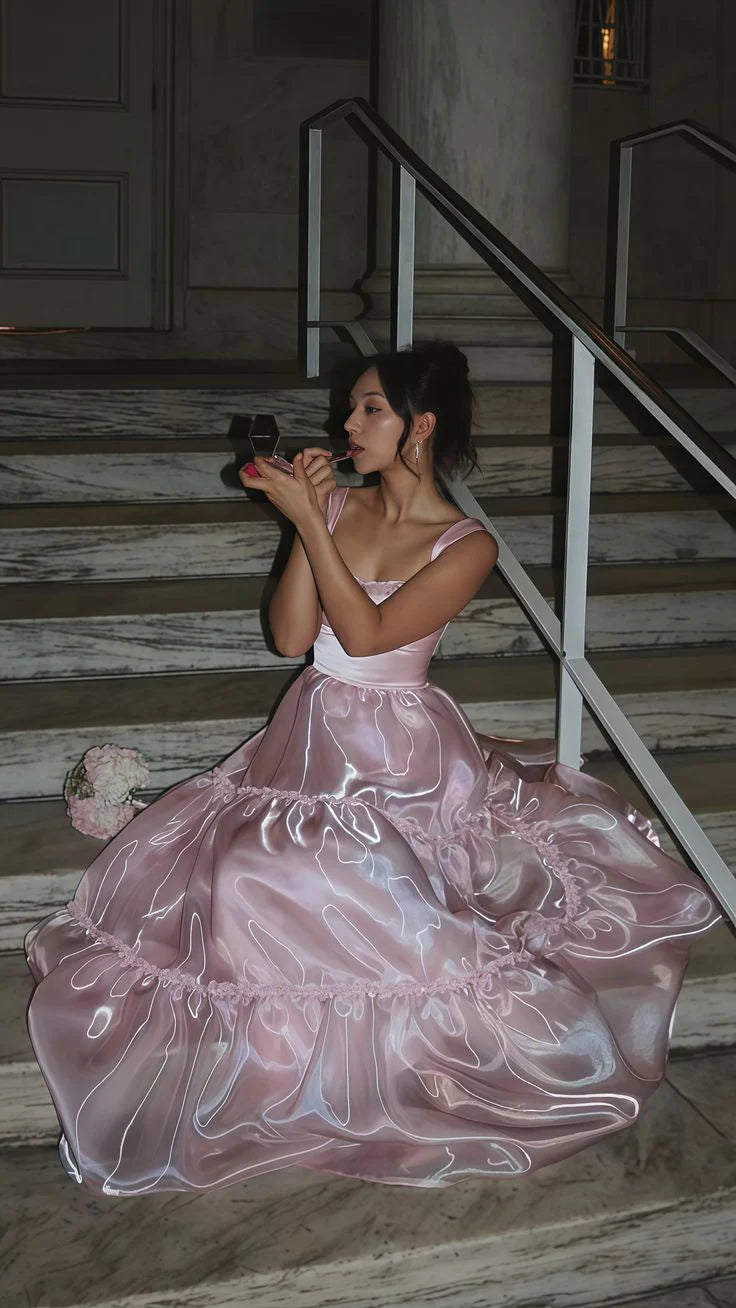 Pink Fashion Elegant Shiny A-line Spaghetti Strap Long satin Lace Ball Gown,Evening Dress,Party Dress gh3517