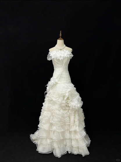 Off-White Strapless 3D Floral Cinched Waist Fitted Tiered Skirt Long Romantic Dress, Wedding Gown gh7968
