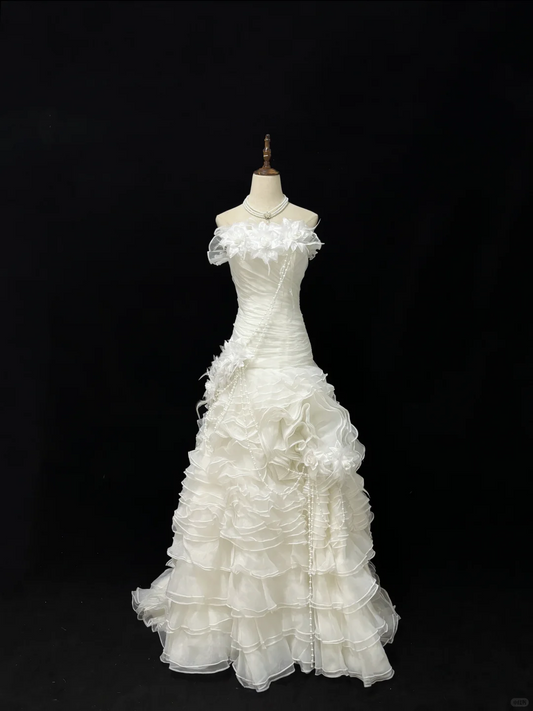Off-White Strapless 3D Floral Cinched Waist Fitted Tiered Skirt Long Romantic Dress, Wedding Gown gh7968