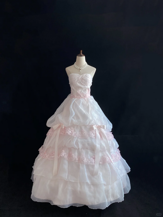 Blush Pink Strapless Elegant Romantic Gown, Cinched Waist, Voluminous Princess Skirt, Wedding Dress & Bridal Gown gh8148
