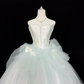 White Satin Strapless Cinched Waist Gradient Light Green Voluminous Skirt Romantic Dress, Wedding Gown gh7928