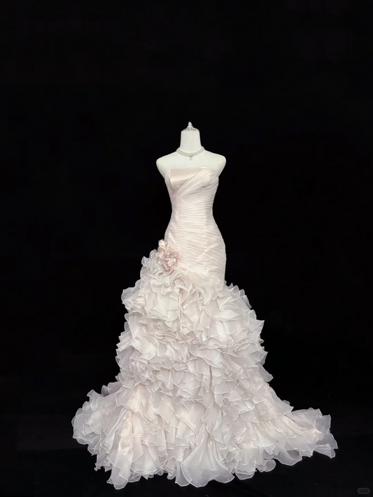 Blush Pink Strapless, Cinched Waist, Slim Fit Hip Hugging Sexy Tiered Skirt Romantic Dress, Wedding Gown gh8014