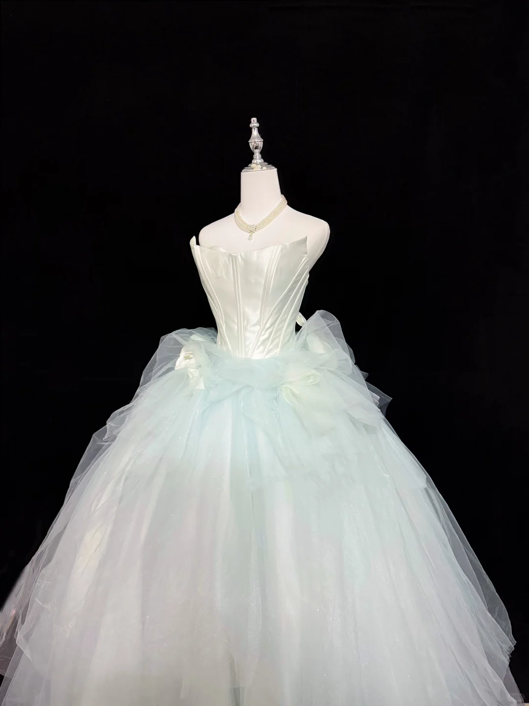 White Satin Strapless Cinched Waist Gradient Light Green Voluminous Skirt Romantic Dress, Wedding Gown gh7928