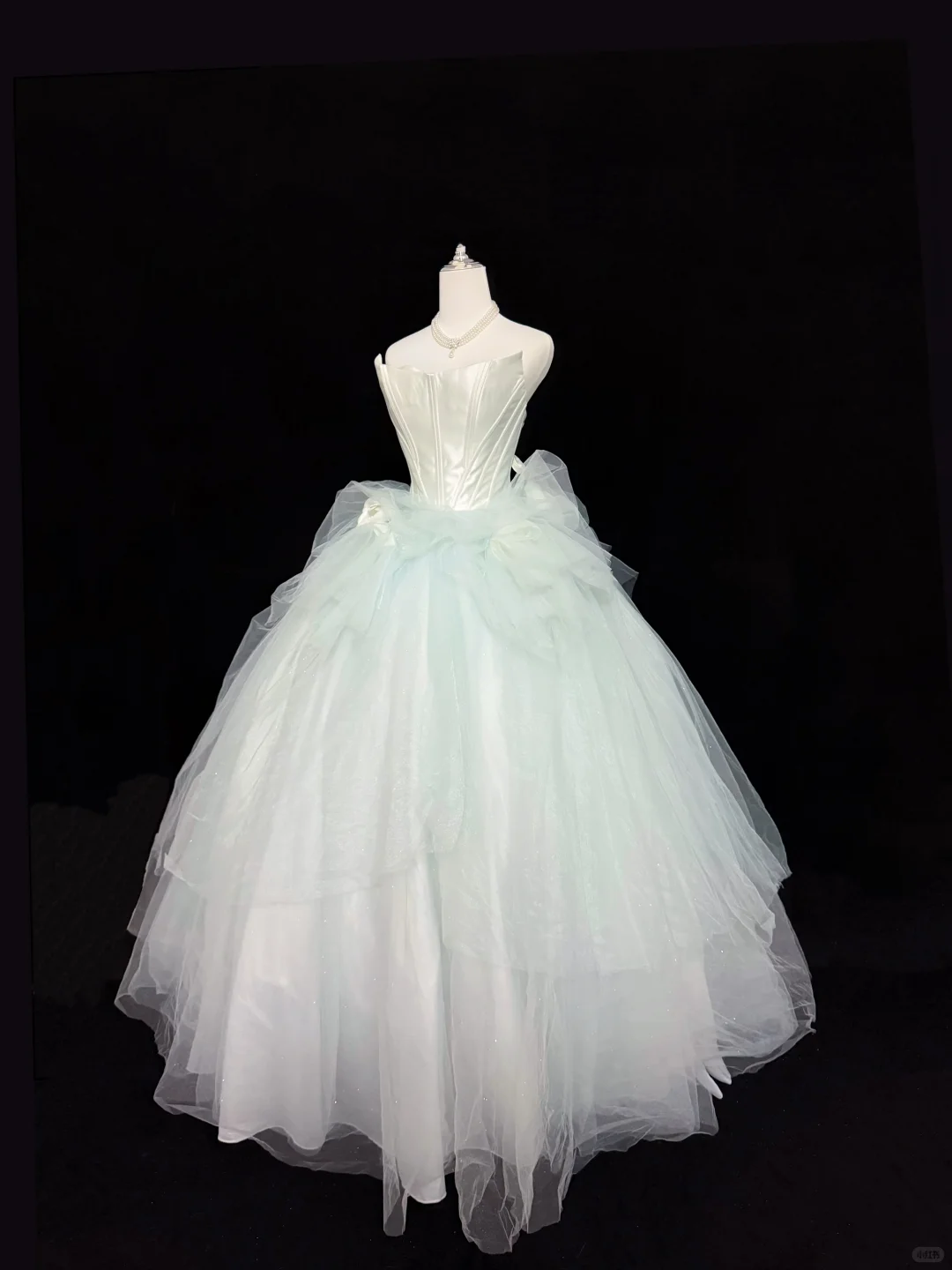 White Satin Strapless Cinched Waist Gradient Light Green Voluminous Skirt Romantic Dress, Wedding Gown gh7928