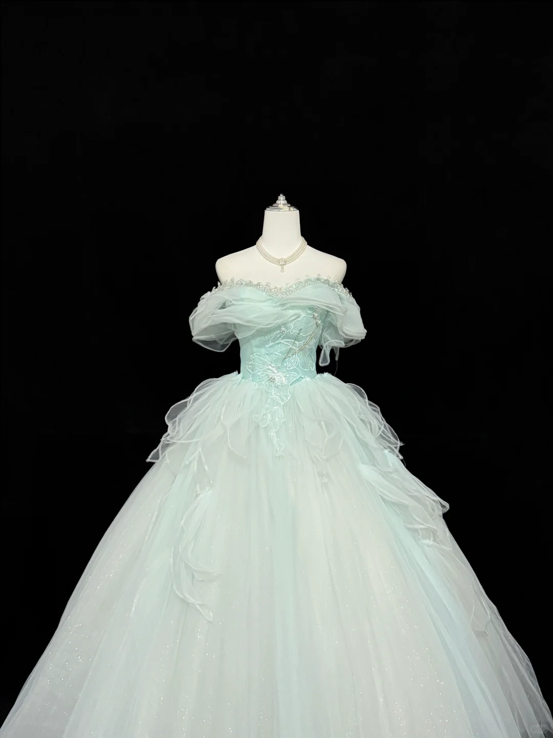Light Blue Off-the-Shoulder Cinched Waist Voluminous Princess Skirt Long Romantic Dress, Wedding Gown gh7844