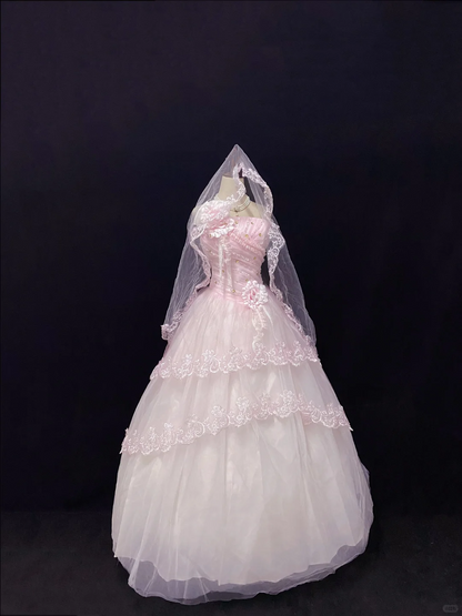 Blush Pink Strapless Romantic Gown With Rhinestones, Cinched Waist, Voluminous Skirt With Lace Trim, Wedding Gown gh8103
