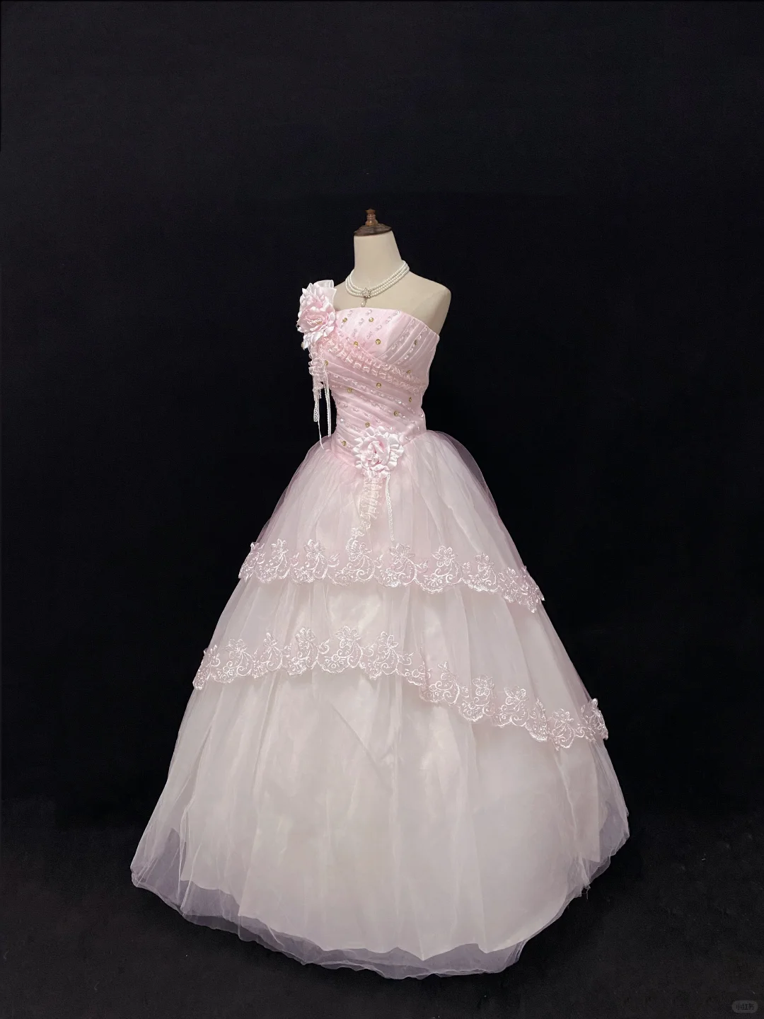 Blush Pink Strapless Romantic Gown With Rhinestones, Cinched Waist, Voluminous Skirt With Lace Trim, Wedding Gown gh8103