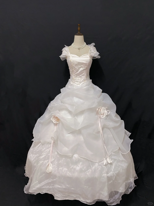 Blush Pink Vintage Long Romantic Gown, Cinched Waist, Voluminous Princess Skirt, Wedding Dress & Bridal Gown gh8233
