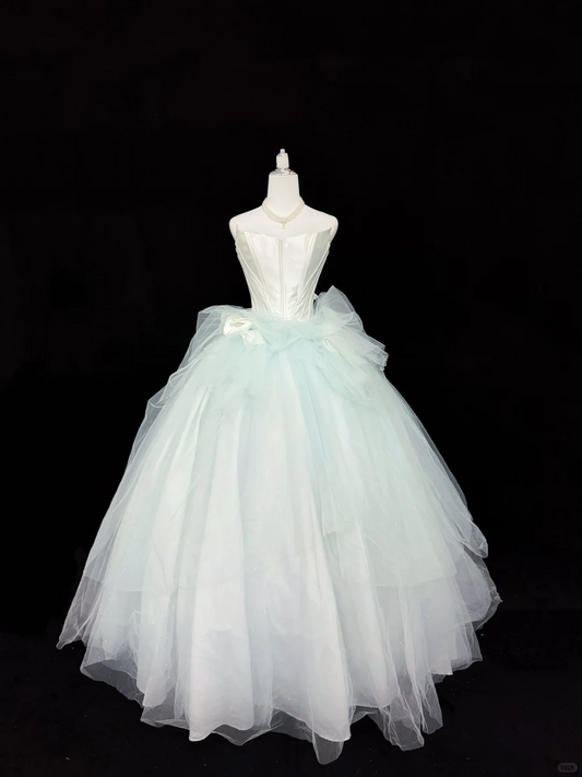 White Satin Strapless Cinched Waist Gradient Light Green Voluminous Skirt Romantic Dress, Wedding Gown gh7928