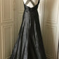 ✨🖤Robe de soirée longue en satin à col en V profond et perles noires, style cygne noir vintage Downton Abbey gh4390