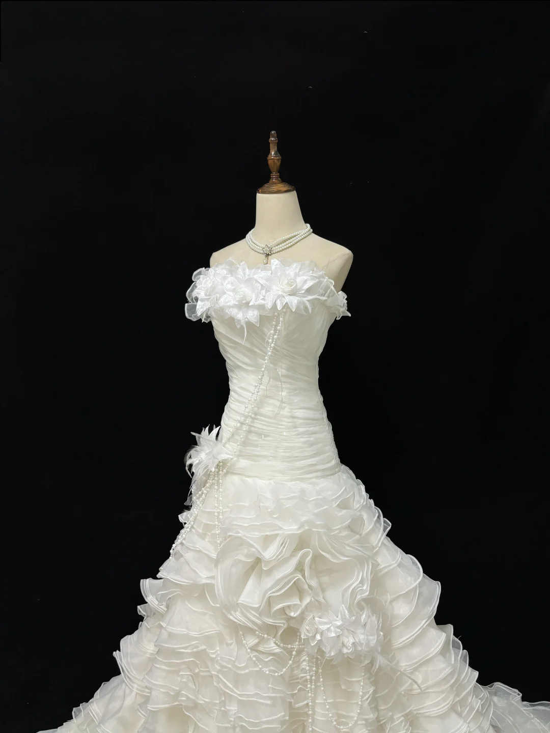 Off-White Strapless 3D Floral Cinched Waist Fitted Tiered Skirt Long Romantic Dress, Wedding Gown gh7968