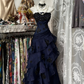 Navy Blue Strapless Fitted Waist Slim Ruffle Hem Prom Evening Gown gh7306