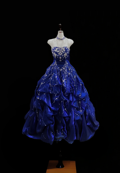Sapphire Blue Halter Waist-Cinching Voluminous Skirt Prom Gown, Evening Formal Dress gh7325