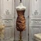 ✨Girlhomeshops - Robe de soirée courte en satin marron avec strass gh4985