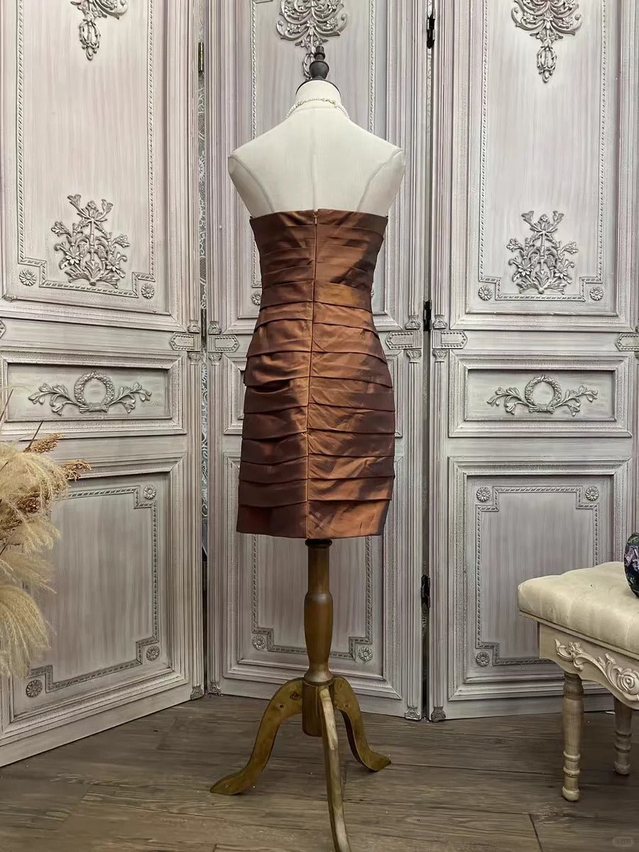✨Girlhomeshops - Robe de soirée courte en satin marron avec strass gh4985