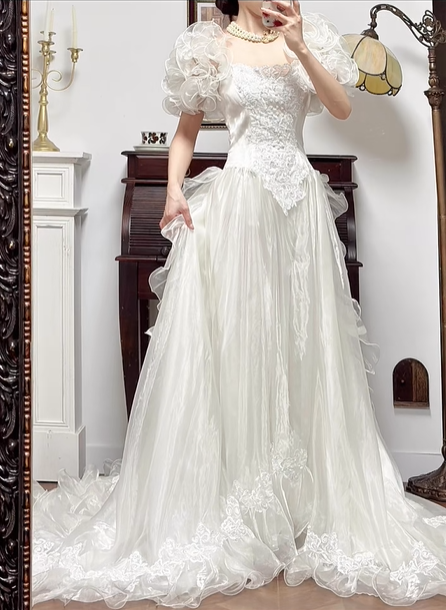 Ivory Vintage Tulle Wedding Gown, Square Neck, 3D Ruffled Floral Puff Short Sleeves, Lace Appliqués Fitted Waist, Flowy Tulle Ball Gown Skirt With Long Train, Ruffled Lace Hem, Bridal Prom Dress gh8752