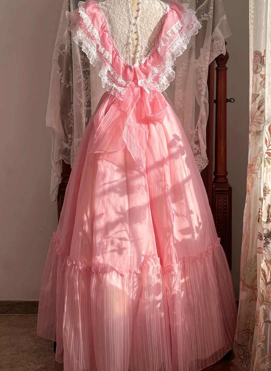 Pink Lace High Neck Double Ruffle Tulle Vintage A-Line Long Prom Dress gh9308