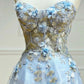 Blue lace applique elegant fantasy long prom dress a line evening gown gh2308