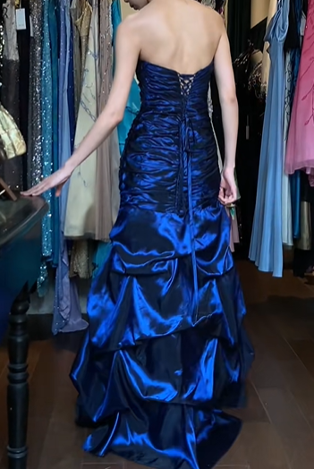Navy Blue Vintage Prom Dress Strapless Hand Beaded Ruched Layered Ruffle Satin Long Evening Gown gh9625