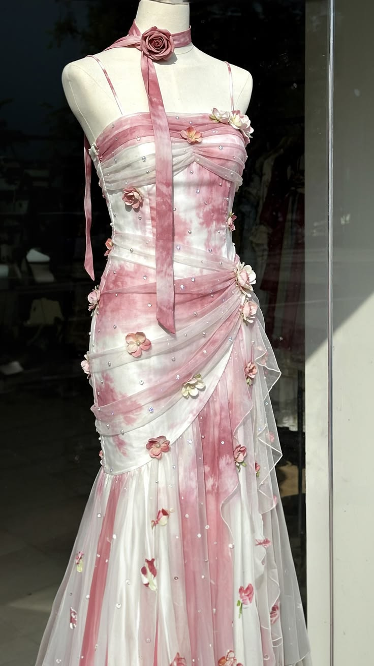 Pink White Tie-Dye Spaghetti Straps Waist-Cinched Fitted Sexy Mermaid Long Evening Dress, Fairy Gown, Romantic Gown gh7430