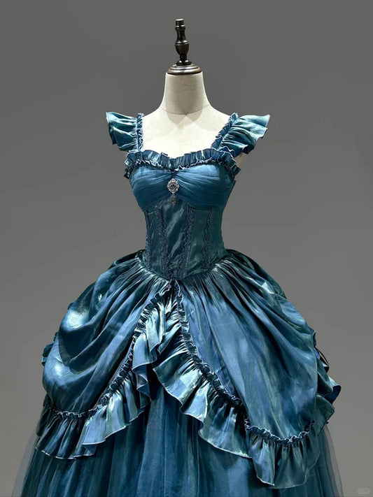 Hellblaues, geheimnisvolles Vintage-Mode-elegantes langes Satin-Ballkleid-Abendkleid-Partykleid gh4248