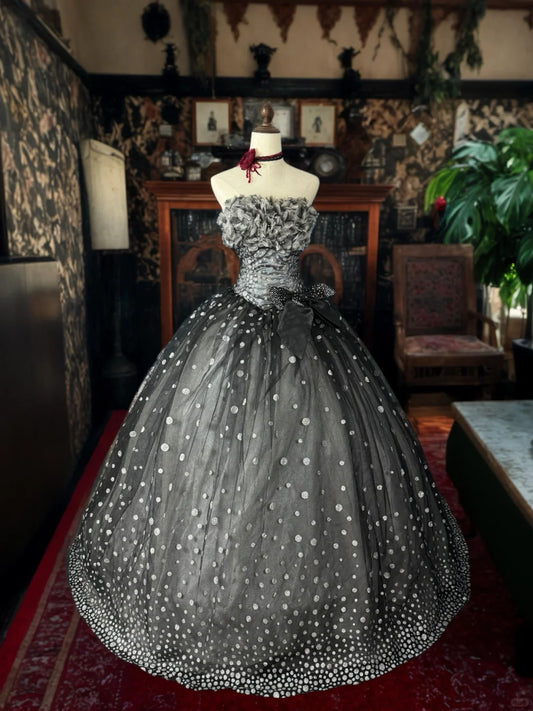 Girlhomeshops - Graues, glitzerndes, gepunktetes, langes Tüll-Ballkleid gh5350