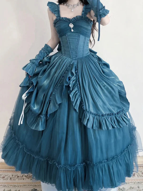 Hellblau/Lila/Dunkelblau Geheimnisvolle Vintage-Mode Elegante Lange Satin Bodenlangen Ballkleid Abendkleid Partykleid gh4250