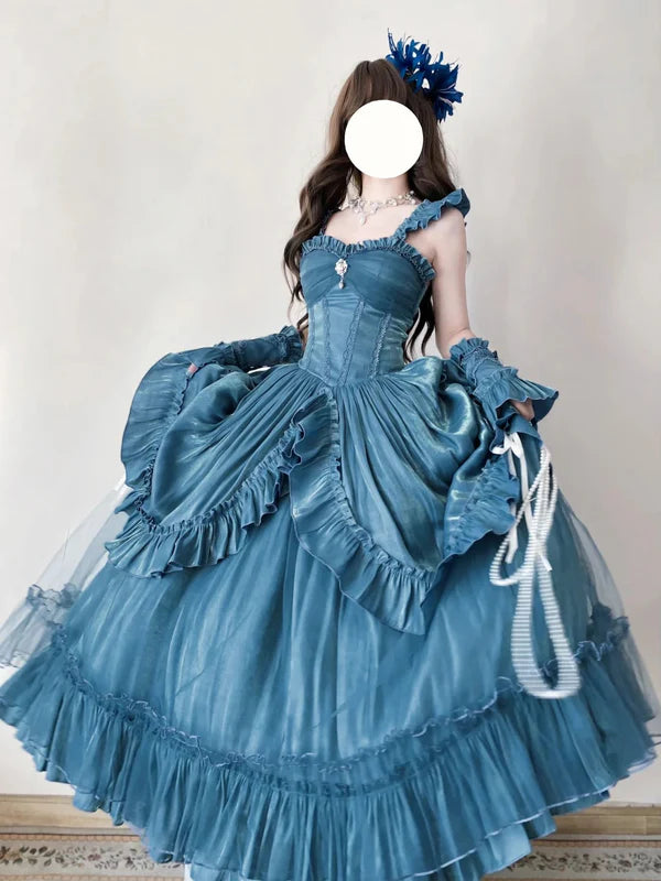 Hellblau/Lila/Dunkelblau Geheimnisvolle Vintage-Mode Elegante Lange Satin Bodenlangen Ballkleid Abendkleid Partykleid gh4250