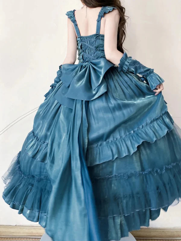 Hellblaues, geheimnisvolles Vintage-Mode-elegantes langes Satin-Ballkleid-Abendkleid-Partykleid gh4248