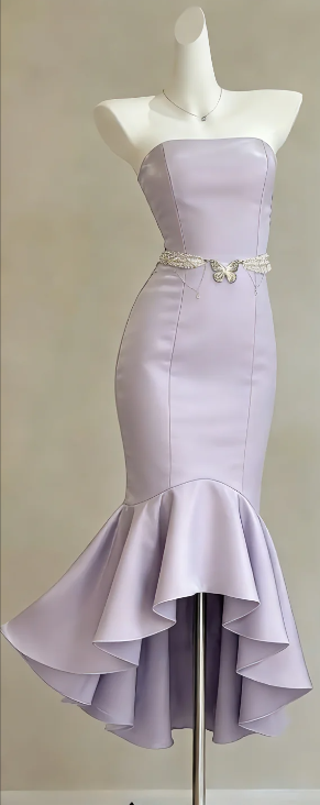 Strapless Lavender Satin Prom Gown Beaded Belt Butterfly Detail High Low Ruffle Hem Evening Dress gh9477