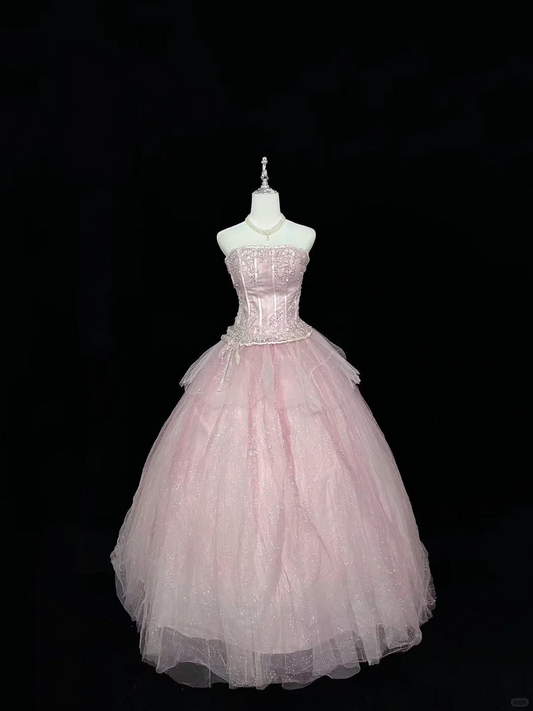Blush Pink Strapless Rhinestone Cinched Waist Voluminous Princess Skirt Romantic Dress, Wedding Gown gh7969