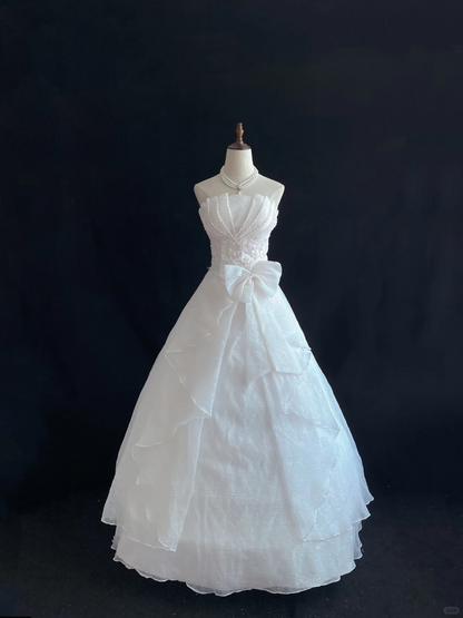 White Strapless Vintage Luxury Romantic Gown With Beaded Embellishments, Cinched Waist & Voluminous Flared Skirt, Wedding Dress & Bridal Gown gh8149