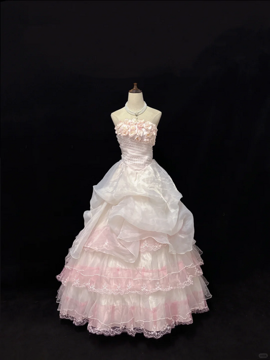Blush Pink Strapless with Floral Details, Cinched Waist, Voluminous Tiered Princess Skirt Long Romantic Dress, Wedding Gown gh8065