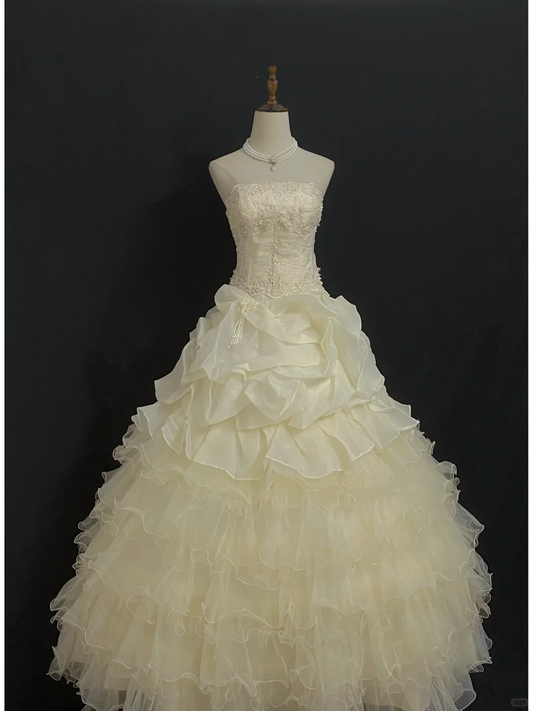 Light Apricot Strapless Elegant Romantic Gown with Fitted Waist and Fluffy Princess Skirt, Wedding Dress & Bridal Gown gh8330