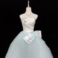 White Satin Strapless Cinched Waist Ombre Mint Green Voluminous Skirt Long Romantic Dress, Wedding Gown gh7929