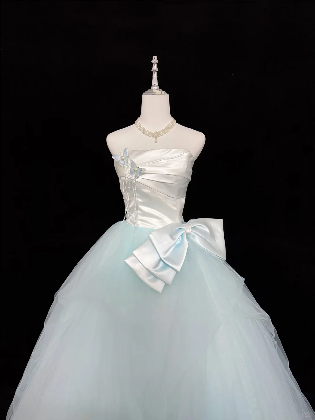 White Satin Strapless Cinched Waist Ombre Mint Green Voluminous Skirt Long Romantic Dress, Wedding Gown gh7929