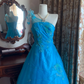 Blue One-Shoulder Waist-Cinched Vintage Voluminous Skirt Prom Dress, Princess Ball Gown gh7279
