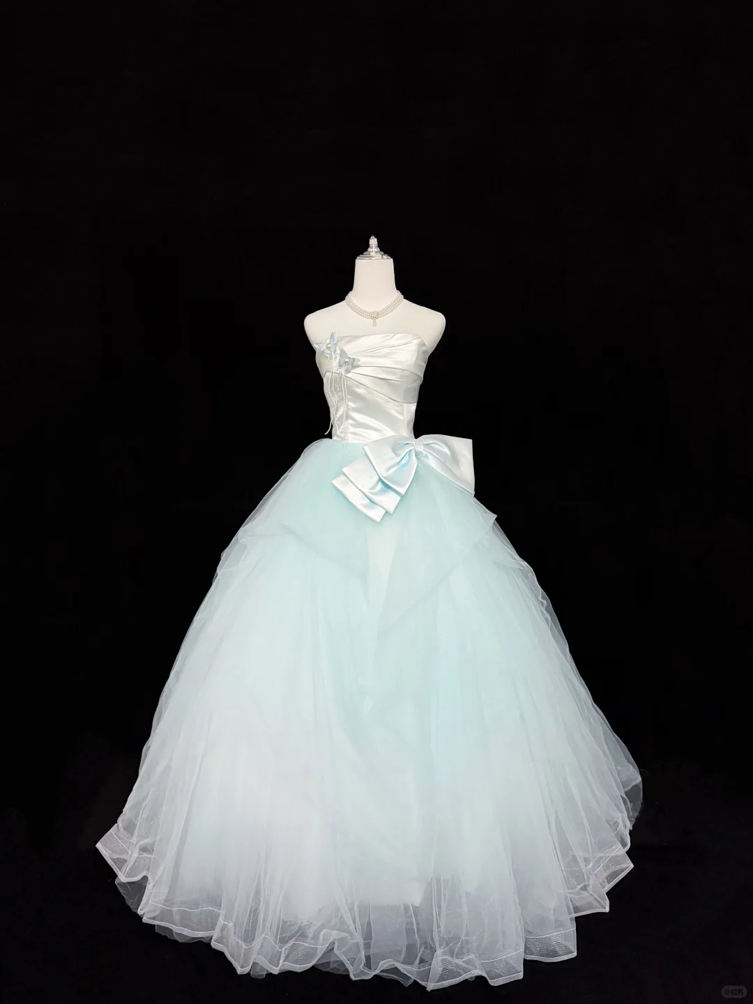 White Satin Strapless Cinched Waist Ombre Mint Green Voluminous Skirt Long Romantic Dress, Wedding Gown gh7929
