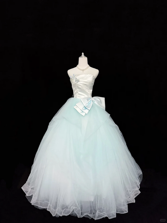 White Satin Strapless Cinched Waist Ombre Mint Green Voluminous Skirt Long Romantic Dress, Wedding Gown gh7929