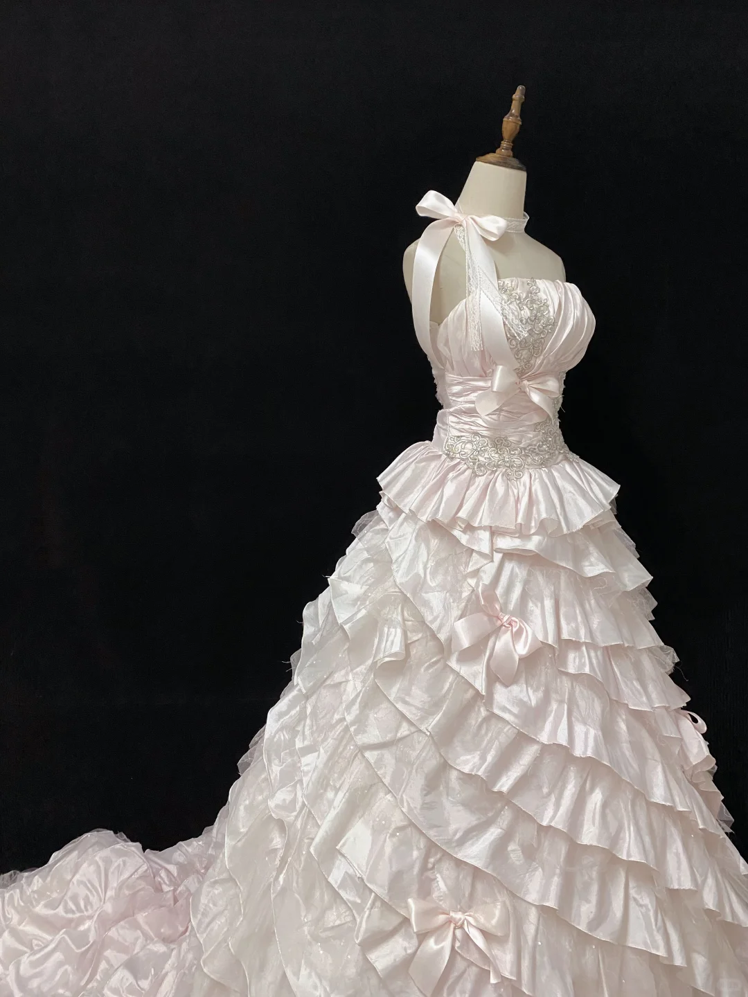 Blush Pink Strapless Long Romantic Dress, Cinched Waist, Voluminous Tiered Skirt, Wedding Gown gh8104