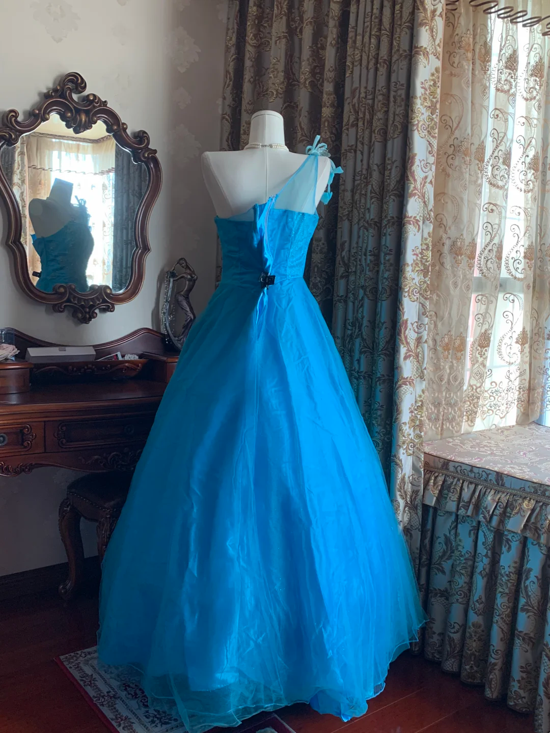 Blue One-Shoulder Waist-Cinched Vintage Voluminous Skirt Prom Dress, Princess Ball Gown gh7279