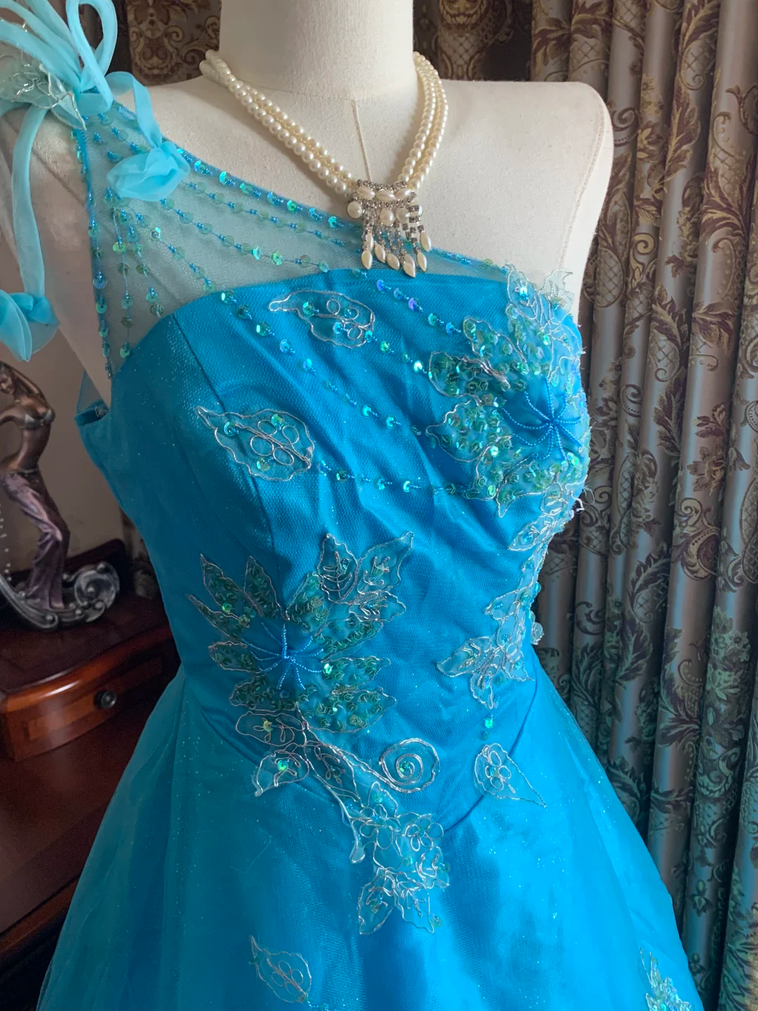 Blue One-Shoulder Waist-Cinched Vintage Voluminous Skirt Prom Dress, Princess Ball Gown gh7279