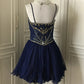 💙Dark blue shiny retro princess short homecoming dress beaded tulle ball gown evening dress gh4393
