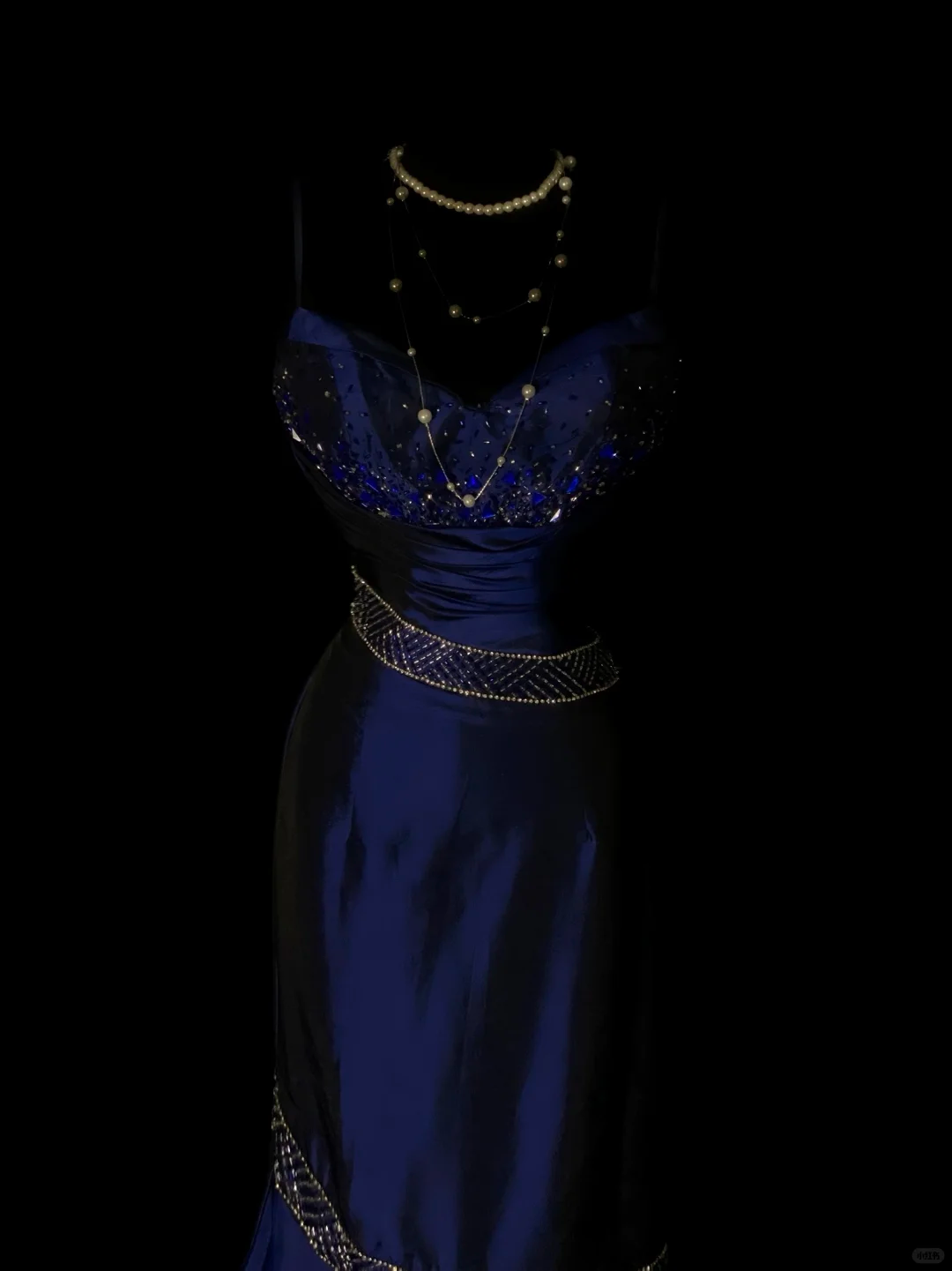 Navy Blue Vintage Satin Mermaid Evening Gown, Spaghetti Strap Sweetheart Neck, Beaded Rhinestone Bodice, Gold Beaded Trim On Waist & Skirt, Floor‑Length Mermaid Prom Dress gh8892