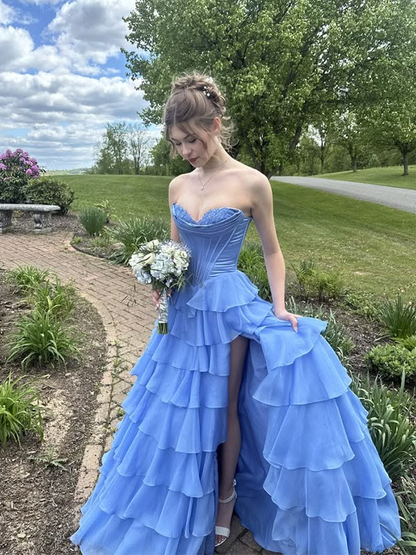 Light Blue Strapless Waist-Cinched Tiered Cake Skirt Evening Dress, Fairy Gown, Romantic Gown gh7423