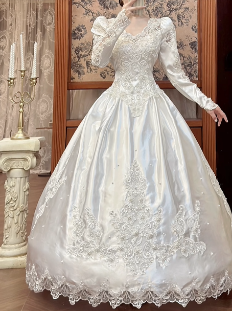 Ivory Vintage Satin Beaded Lace Ball Gown Wedding Dress, Puff Long Sleeve Bridal Prom Dress gh8725