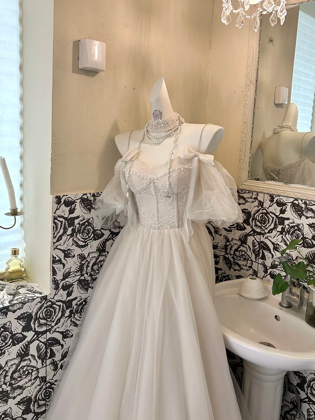 Ivory Spaghetti Strap Off-the-Shoulder Waist-Cinched Full Flared Skirt Long Romantic Dress, Wedding Gown gh7643