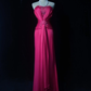 Fuchsia Satin Prom Dress V Neck Ruched Bodice Rhinestone Waist Long Sash Formal Gown with Ruffle Shrug gh9557