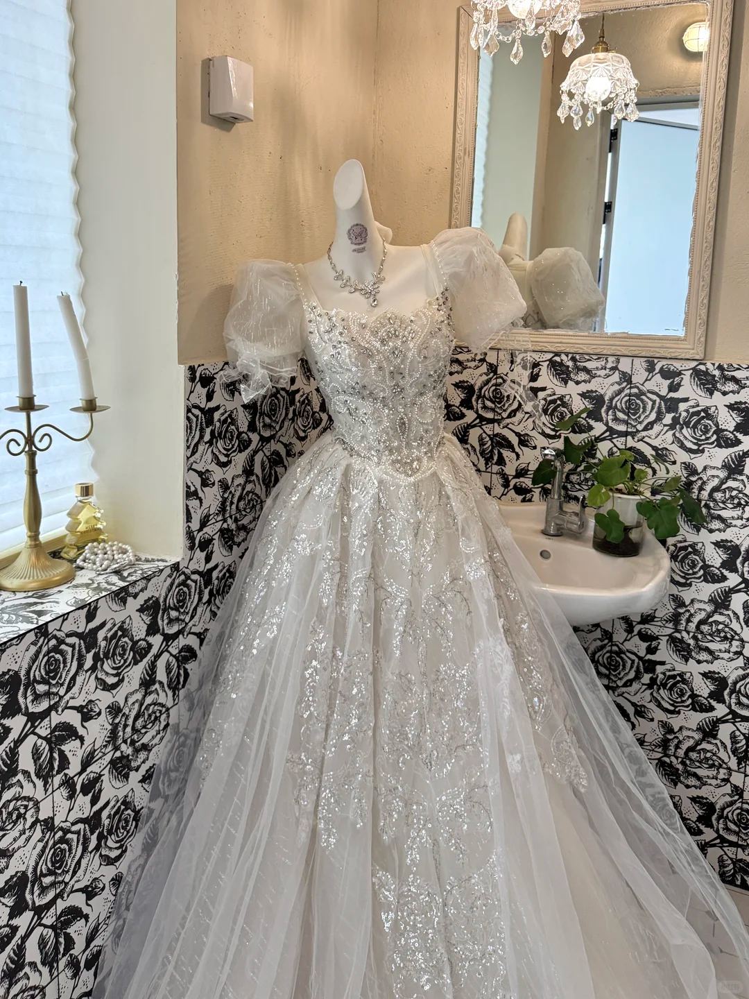 White Puff Sleeve Square Neck Waist-Cinched Full Flared Long Romantic Dress, Wedding Gown gh7678
