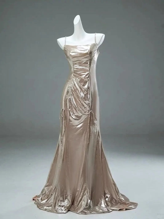 Robe de soirée longue en satin métallisé champagne gh4369
